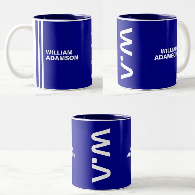 Caneca De Café Em Dois Tons Nome Monogramado para Ele | Azul Marinho Moderno B (Navy Blue Coffee Mugs)