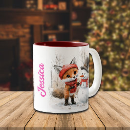 Caneca De Café Em Dois Tons Nome personalizado Baby Fox e Snowman