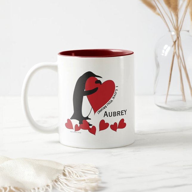 Caneca De Café Em Dois Tons Nome Personalizado Cute Funny Penguin e Red Heart (Criador carregado)