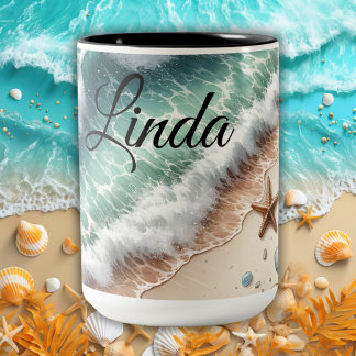Caneca De Café Em Dois Tons Nome Personalizado da Praia de Areia Tropical Vibr