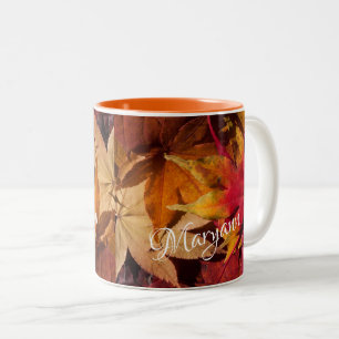 Caneca De Café Em Dois Tons Nome personalizado das folhas de outono