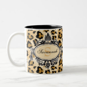 Caneca De Café Em Dois Tons Nome Personalizado e Monograma do Padrão Leopardo