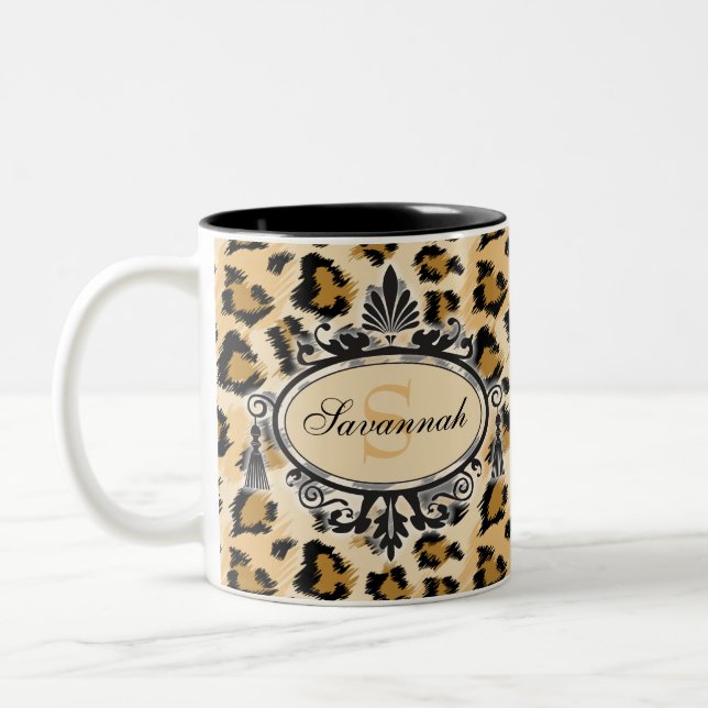 Caneca De Café Em Dois Tons Nome Personalizado e Monograma do Padrão Leopardo  (Esquerda)