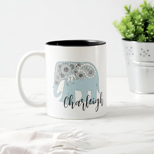 Caneca De Café Em Dois Tons Nome Personalizado Elegante Blue Paisley Elephant