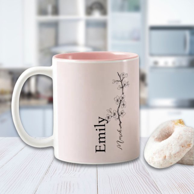 Caneca De Café Em Dois Tons Nome Personalizado Flor de Cerejeira Março Flor de (Custom Name Cherry Blossom March Birth Flower Two-Tone Coffee Mug)
