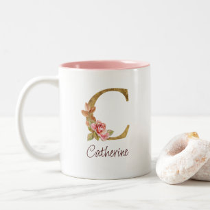 Caneca De Café Em Dois Tons Nome Personalizado Folha de Ouro Blush Rosas Rosa 
