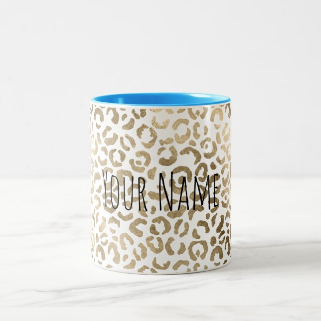 Caneca De Café Em Dois Tons Nome Personalizado Impressão Leopard Dourada (Centro)