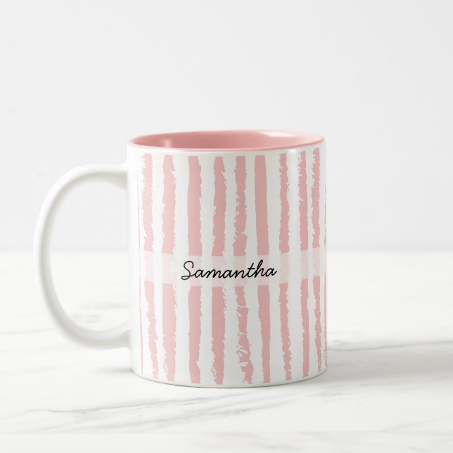 Caneca De Café Em Dois Tons Nome Personalizado Listras Rosa Chique  (Esquerda)