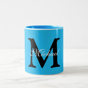 Caneca De Café Em Dois Tons Nome Personalizado Monograma Fundo Azul