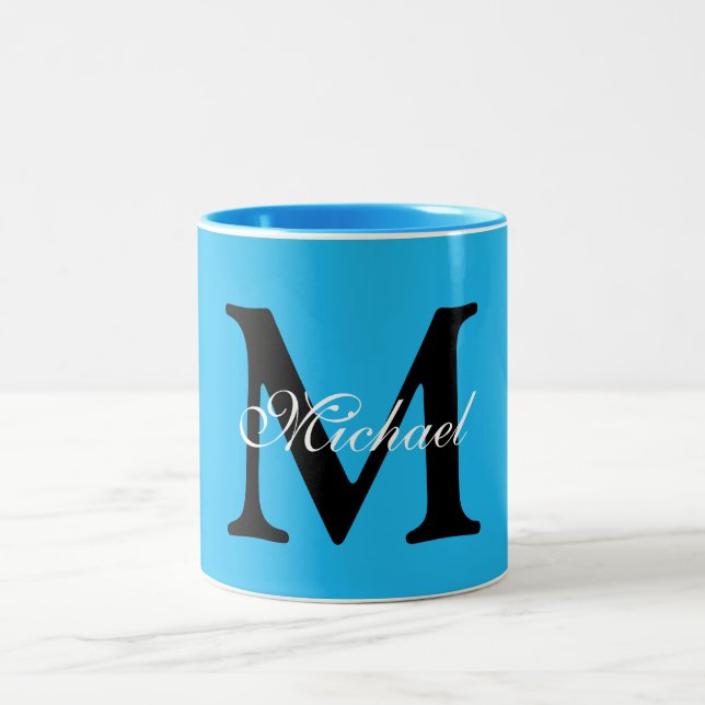 Caneca De Café Em Dois Tons Nome Personalizado Monograma Fundo Azul (Centro)