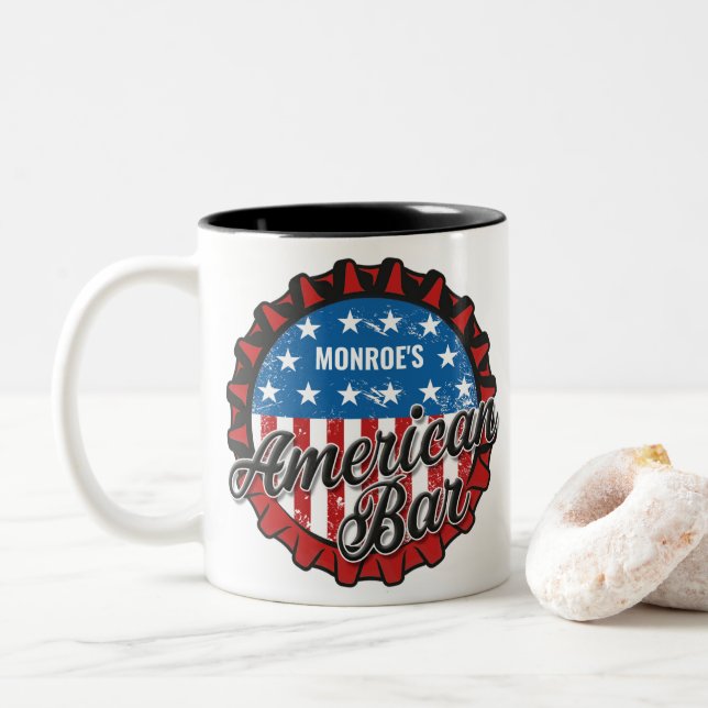 Caneca De Café Em Dois Tons NOME Personalizado Patriótico EUA Bandeira Bar Ame (Com Donut)