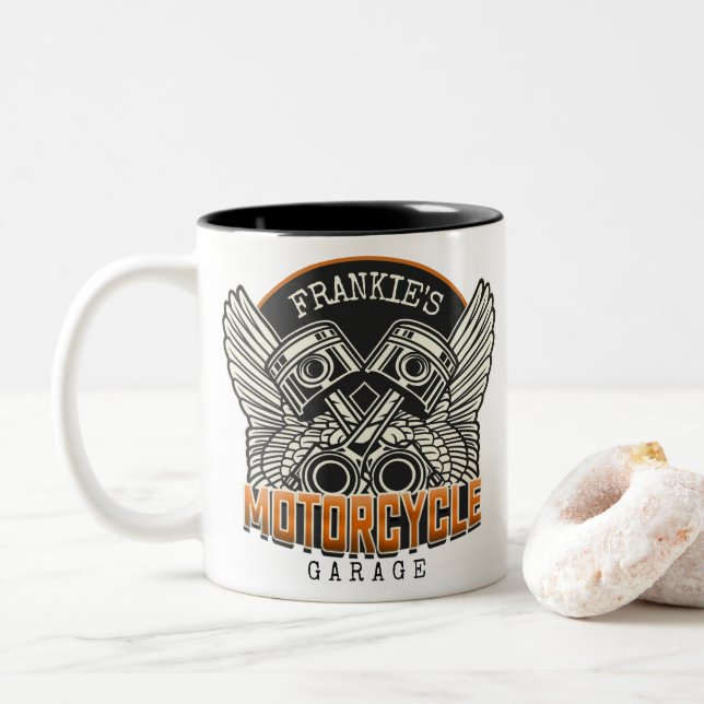 Caneca De Café Em Dois Tons Nome Personalizado Pistões Asas Motociclismo Garag (Com Donut)