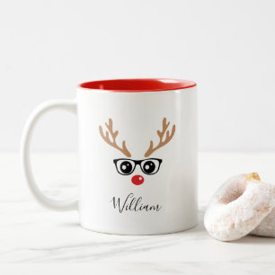 Caneca De Café Em Dois Tons Nome Personalizado Reindeer Face Pata De Natal