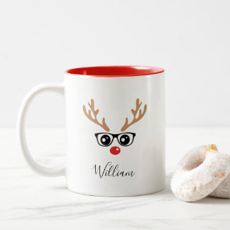 Caneca De Café Em Dois Tons Nome Personalizado Reindeer Face Pata De Natal