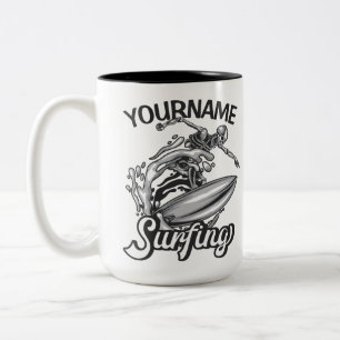 Caneca De Café Em Dois Tons Nome personalizado Surfer Big Wave Skeleton surfin
