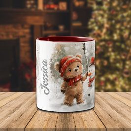 Caneca De Café Em Dois Tons Nome Personalizado Urso de Teddy e Neve
