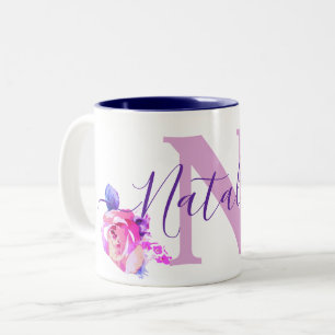Caneca De Café Em Dois Tons Nome Personalizado Watercolor Rosa Roxo Floral Nat
