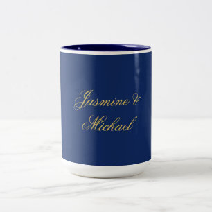 Caneca De Café Em Dois Tons Nomes de Casal de Caligrafia Chic Adorável Azul e 