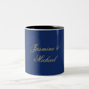 Caneca De Café Em Dois Tons Nomes de Casal de Caligrafia Chic Adorável Azul e 