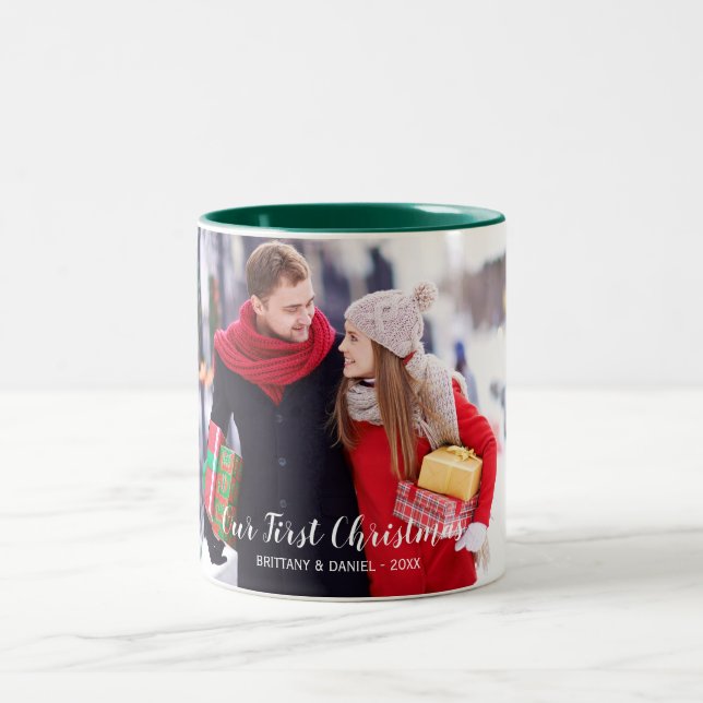 Caneca De Café Em Dois Tons Nossa Primeira Casal de Natal Foto Verde Branco (Centro)
