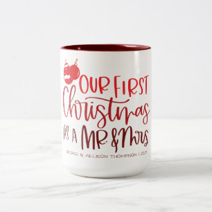 Caneca De Café Em Dois Tons Nosso Primeiro Natal Tipografia Vermelha Persona