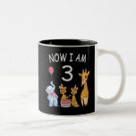 Caneca De Café Em Dois Tons Now I am 3 year old 3rd Birthday at the Zoo<br><div class="desc">Happy 3rd Birthday. Funny and lovely Kids Birthday design with a cute Elephant,  two ferrets and a giraffe celebrating your birthday at the zoo.</div>