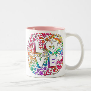 Caneca De Café Em Dois Tons O AMOR que rotula o arco-íris Groovy Doodles o ♥