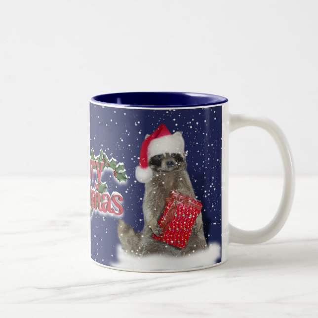 Caneca De Café Em Dois Tons O Bandit Raccoon de Natal com Presente (Direita)