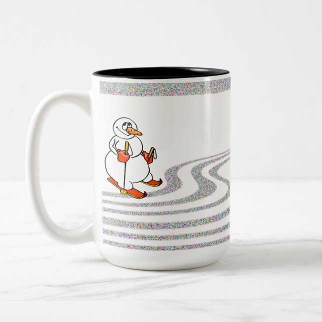 Caneca De Café Em Dois Tons O Boneco de Neve Esquiando - (Esquerda)