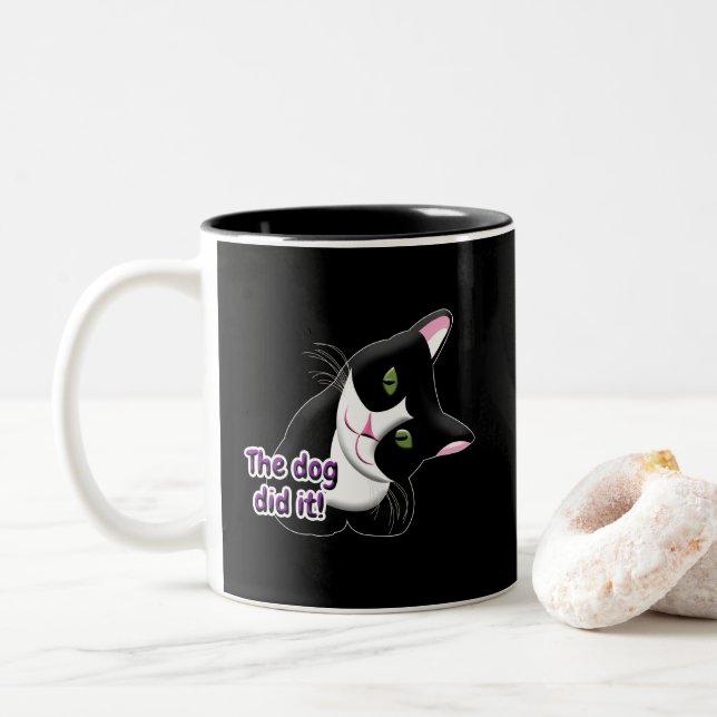 Caneca De Café Em Dois Tons O cão fez isso, Cat (Com Donut)