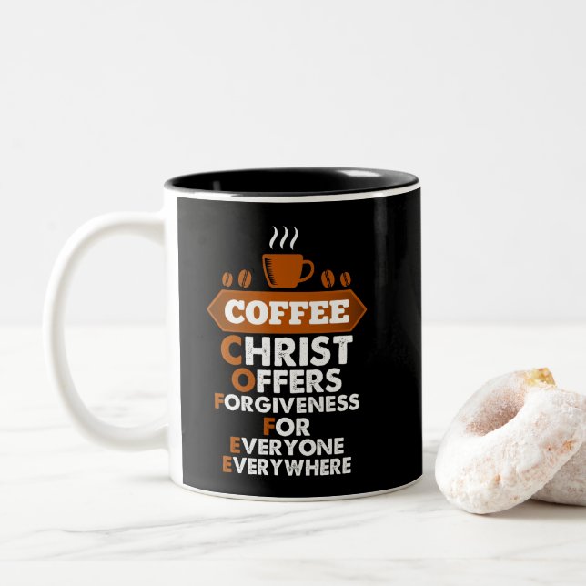 Caneca De Café Em Dois Tons O Cristo De Café Oferece Perdão Para Todos (Com Donut)