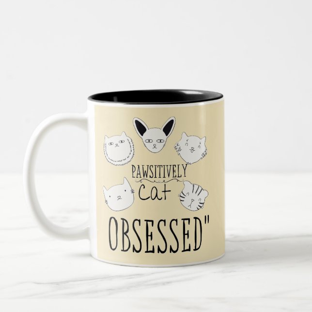 Caneca De Café Em Dois Tons O "Gato Pawsitivamente Obcecado" (Esquerda)