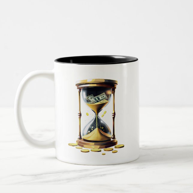 Caneca De Café Em Dois Tons O Tempo É Dinheiro Ampulheta Moedas Douradas Empre (Esquerda)