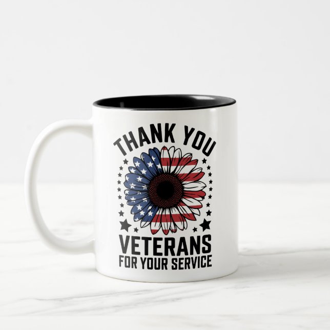 Caneca De Café Em Dois Tons Obrigado Veteranos Militares de Girassol Dia dos V (Esquerda)