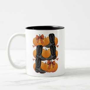 Caneca De Café Em Dois Tons Olá Abóbora Ocidental Outono Coquette Laço Cowgirl