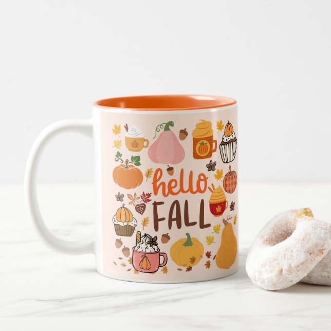 Caneca De Café Em Dois Tons Olá Fall Pumpkins (Com Donut)