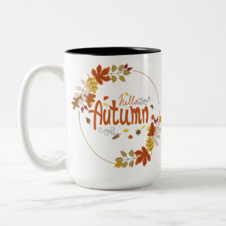 Caneca De Café Em Dois Tons Olá Outono com Design de Folhas