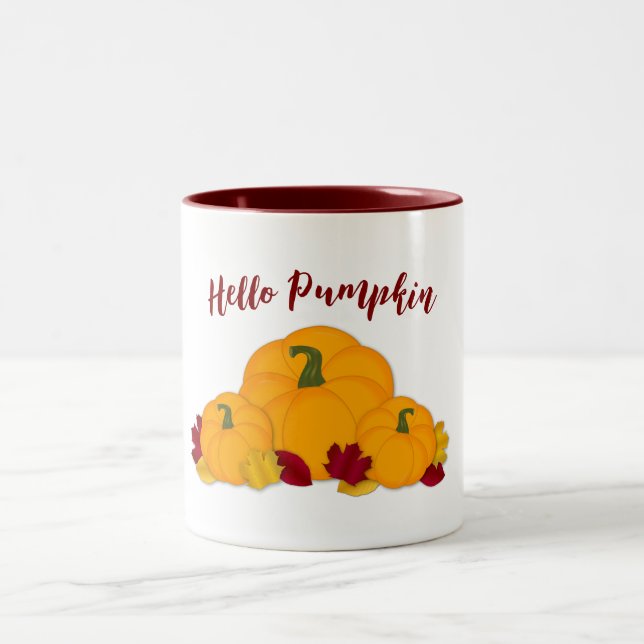 Caneca De Café Em Dois Tons Olá Pumpkin Orange Pumpkins & Autumn Leaves (Centro)