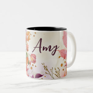 Caneca De Café Em Dois Tons Olá, Queda com flores e nome