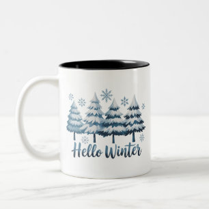 Caneca De Café Em Dois Tons Olá Vibrações da Temporada de Inverno Árvores Floc