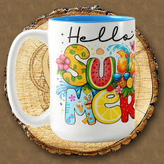 Caneca De Café Em Dois Tons Olá vibrações de verão frutas tropicais