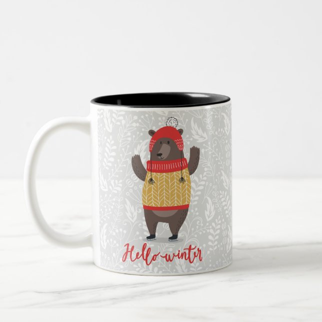 Caneca De Café Em Dois Tons Olá Winter Season Saudando Ilustração Bear Arte (Esquerda)