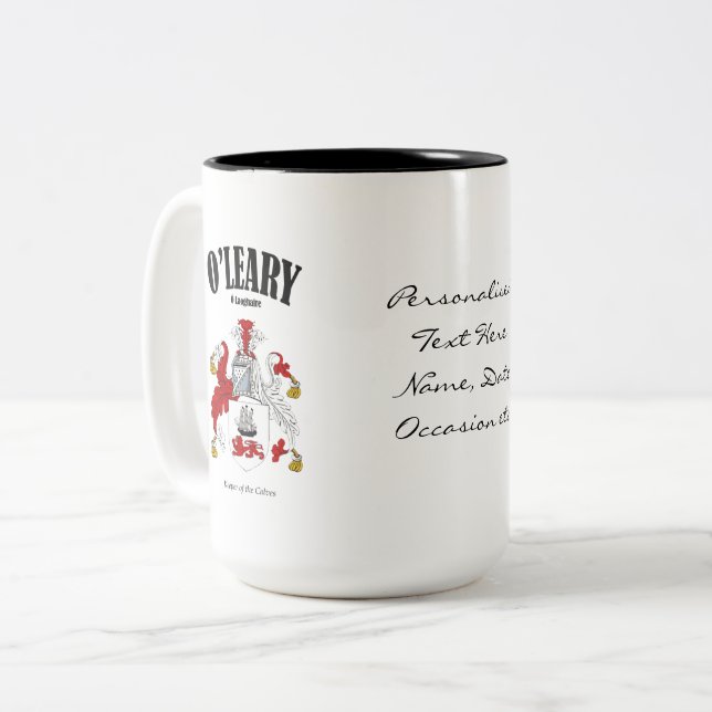 Caneca De Café Em Dois Tons O'Leary Family Crest, Tradução e Significado (Frente Esquerda)