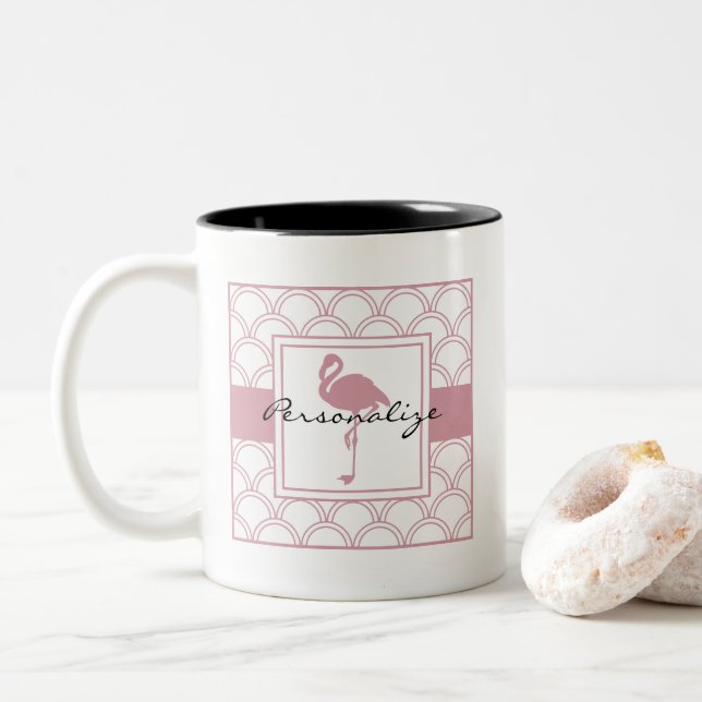 Caneca De Café Em Dois Tons Onda Art Deco com Flamingo Rosa (Com Donut)