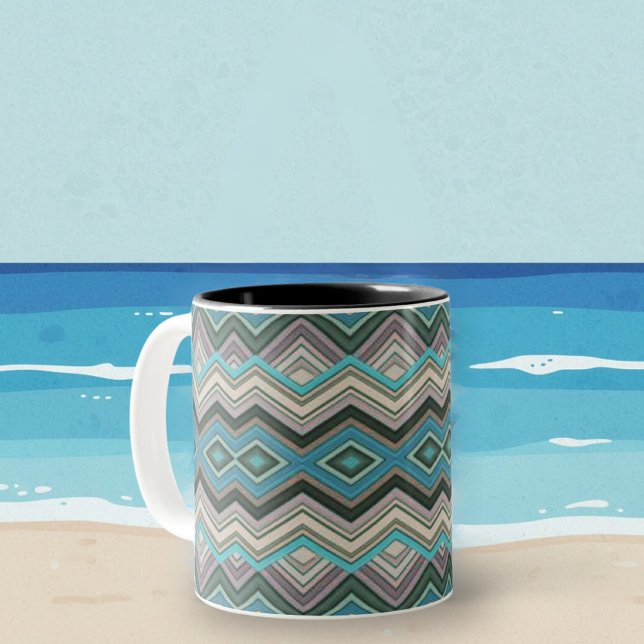 Caneca De Café Em Dois Tons Ondas do Oceano Zig Zags & Stripes (Criador carregado)