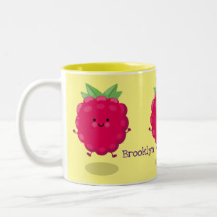 Caneca De Café Em Dois Tons Óptica de desenho animado de framboesa feliz