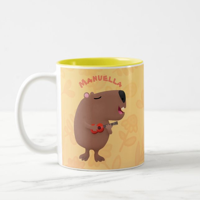 Caneca De Café Em Dois Tons Óptica desenho animado de capybara ukulele (Esquerda)