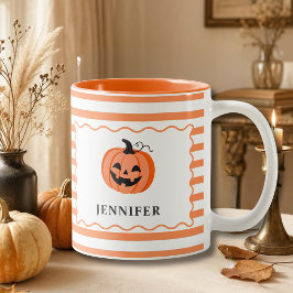 Caneca De Café Em Dois Tons Orange Striped Pumpkin Personalized Halloween