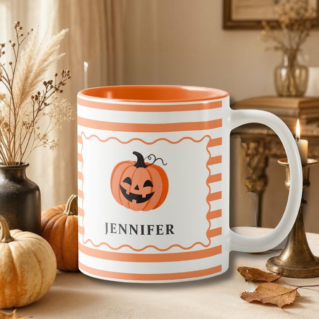 Caneca De Café Em Dois Tons Orange Striped Pumpkin Personalized Halloween  (Criador carregado)