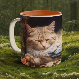 Caneca De Café Em Dois Tons Orange Tabby Kitten na cama de penas azuis